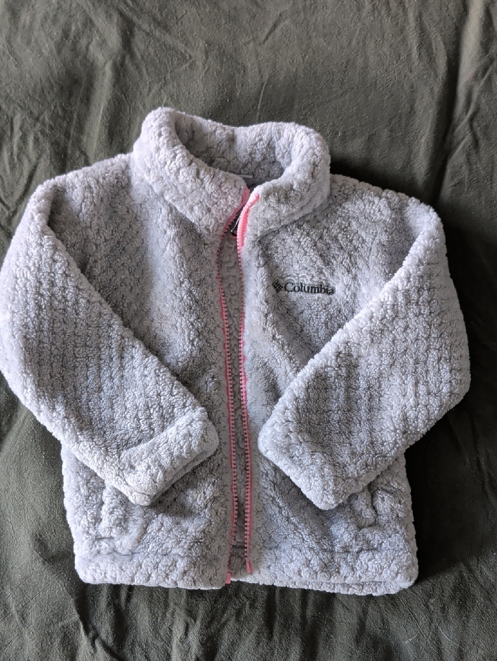 Columbia Light Gray Sherpa Jacket with Pink Zip Trim